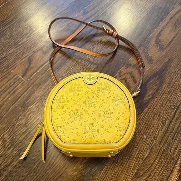 Tory Burch T Monogram Perforated Leather Circle Moon Bag, Golden Sunset, VGUC - Picture 2 of 12